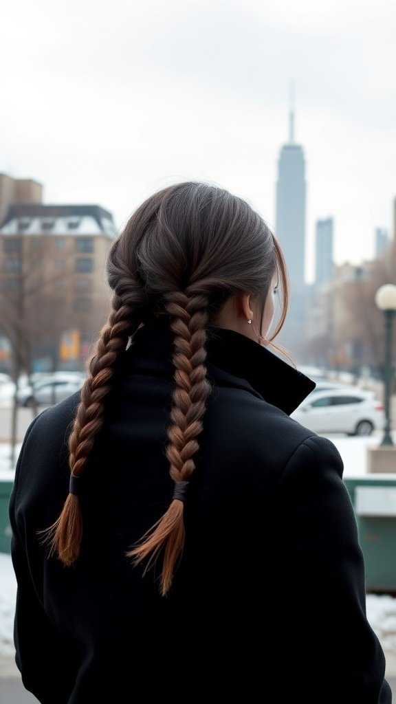 A woman with a sleek braided low ponytail, standing in a winter cityscape.