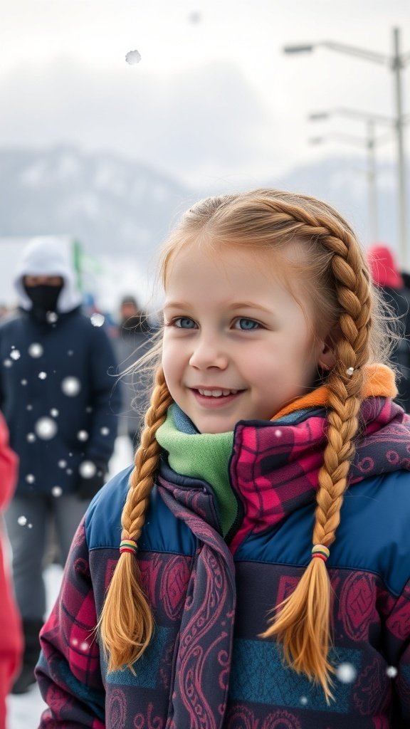 A young girl with double Dutch braids smiling in a snowy environment, wearing a colorful winter jacket.