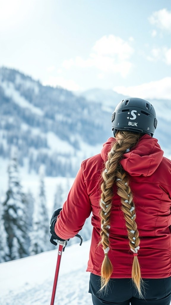 A woman with a waterfall braid hairstyle, wearing a helmet and red jacket, standing on a snowy slope with mountains in the background.