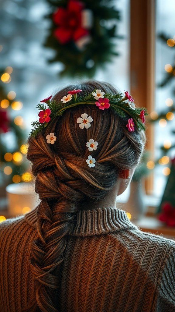 A woman with a romantic crown braid adorned with holiday flowers, wearing a cozy sweater, with festive decorations in the background.
