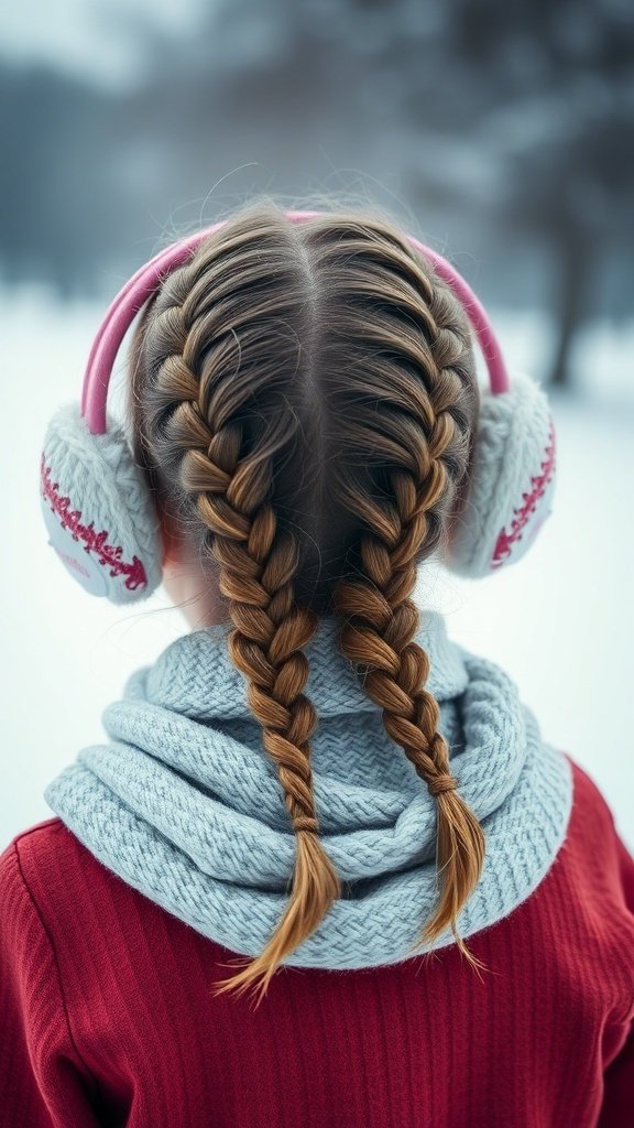 A girl with double Dutch braids wearing earmuffs and a scarf in a snowy setting.