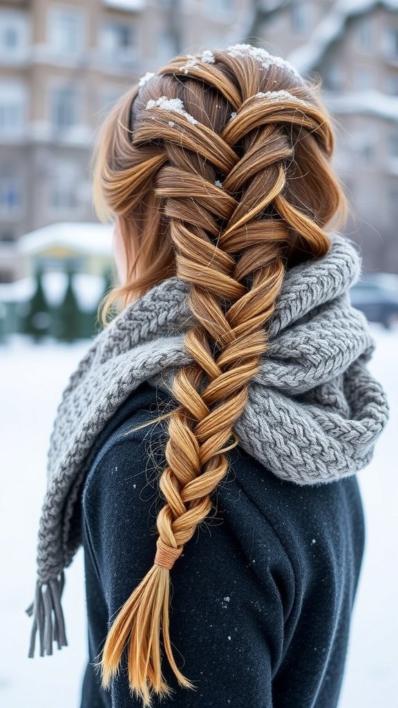 A fishtail braid styled with a cozy gray scarf on a snowy winter day.