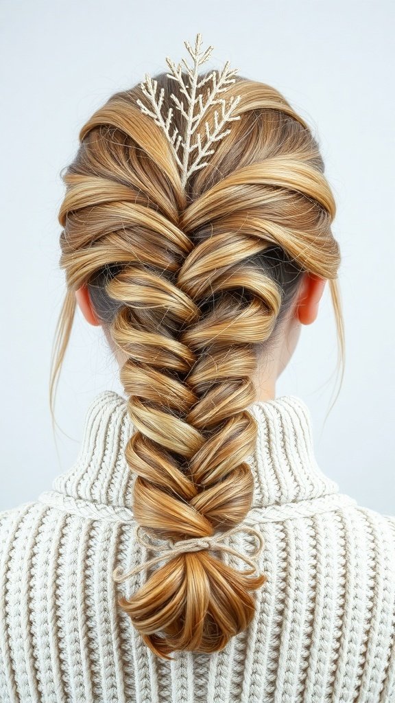 A stylish chunky braided updo with a decorative hair accessory
