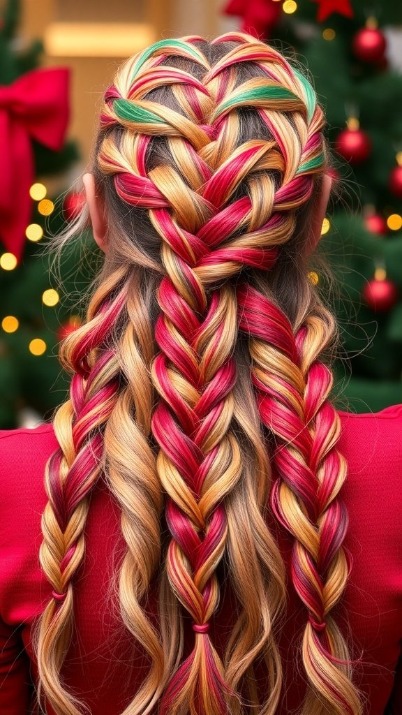 A back view of layered braids with red and green highlights, set against a festive backdrop.