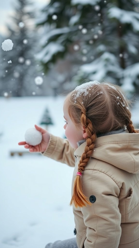 A child with braided pigtails holding a snowball in a snowy landscape.