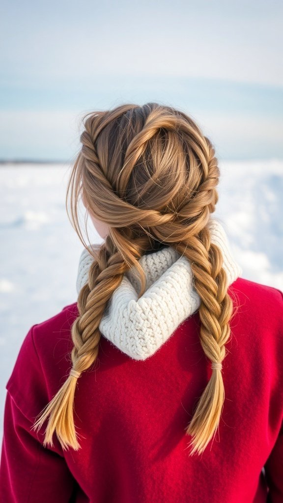 A woman with two French braids, wearing a red coat and a cozy white scarf, standing in a snowy landscape.