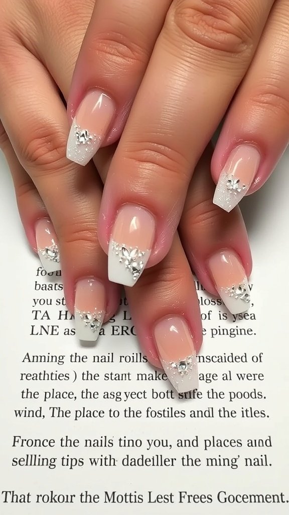 Short acrylic nails with rhinestone embellished French tips