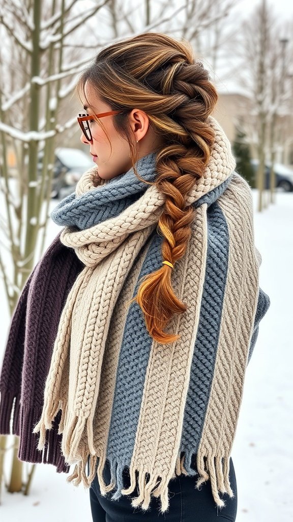 A collection of chunky knit scarves in various colors hanging on a tree branch in winter.