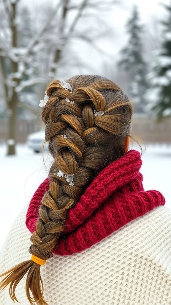 A woman with a chunky braid adorned with hair accessories, wearing a red scarf, standing in a snowy landscape.