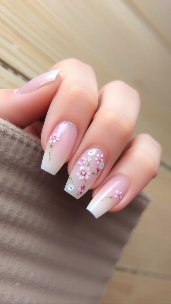 Short acrylic nails with floral designs on a nude base