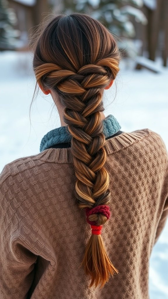 A woman with a chic braid in warm colors, wearing a cozy sweater, set against a snowy background.
