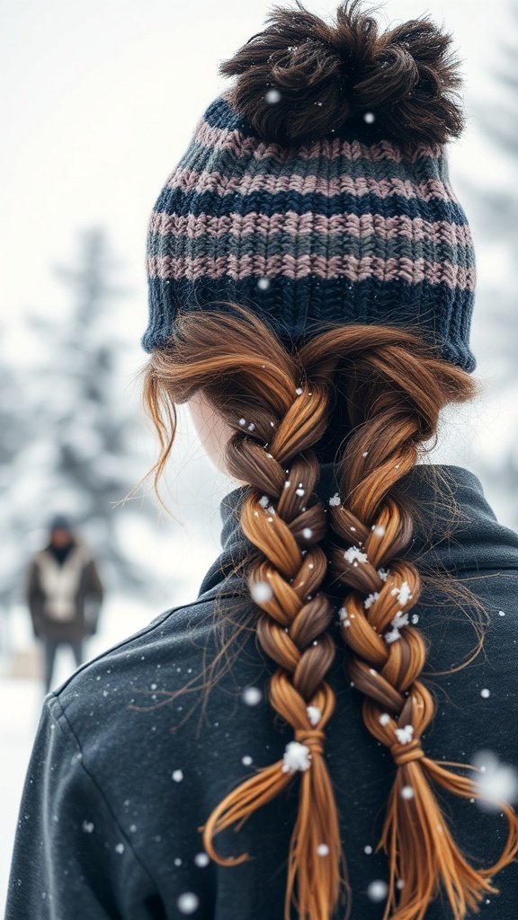 A person with two knotted braids wearing a striped beanie in a snowy setting.
