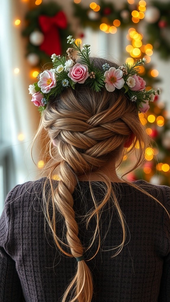 A girl with a braided crown hairstyle adorned with flowers, set against a festive background.