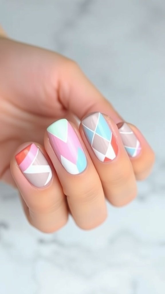 Short acrylic nails with minimalist geometric patterns in pastel colors.