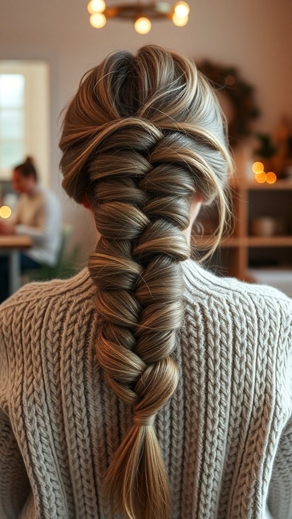 A close-up of a winter braid styled on a person wearing a cozy sweater.