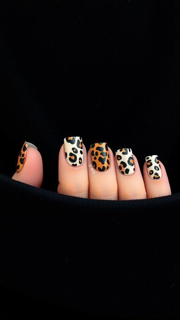 Short square acrylic nails with leopard print accents