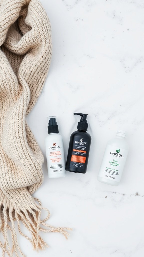A chunky scarf and hair care products arranged on a marble surface.
