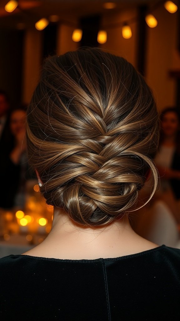 A stylish braided updo hairstyle for formal events, showcasing intricate braiding and warm hair tones.