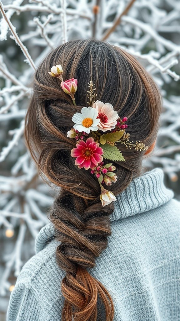 A side braid decorated with winter flowers, set against a snowy background.