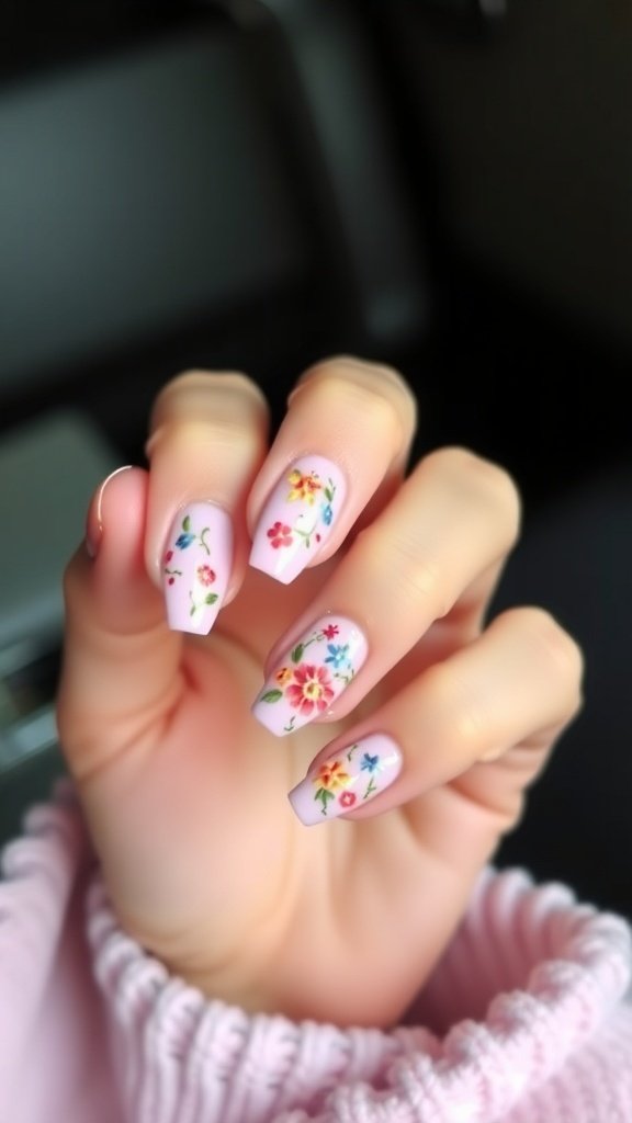 Cute short acrylic nails with colorful floral designs on a soft pink background.