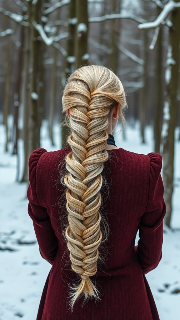 A person with a Dutch braid hairstyle, wearing a burgundy outfit, standing in a snowy forest.