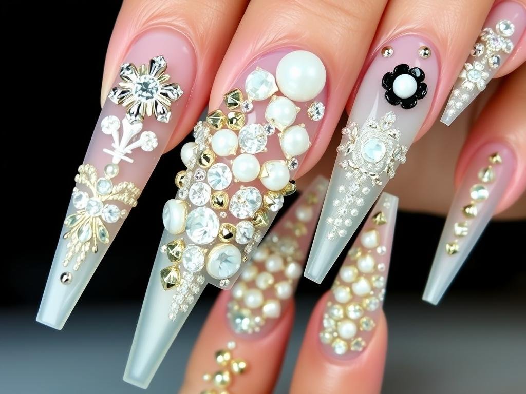 3D embellished acrylic nails with rhinestones, pearls, and textured designs
