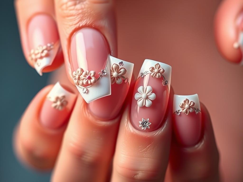 3D french tip acrylic nails with design featuring raised elements