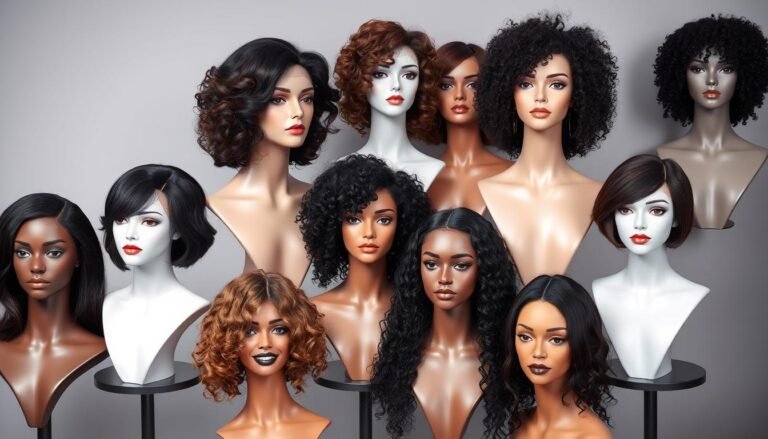 A collection of salon-quality wigs for black women displayed on mannequin heads