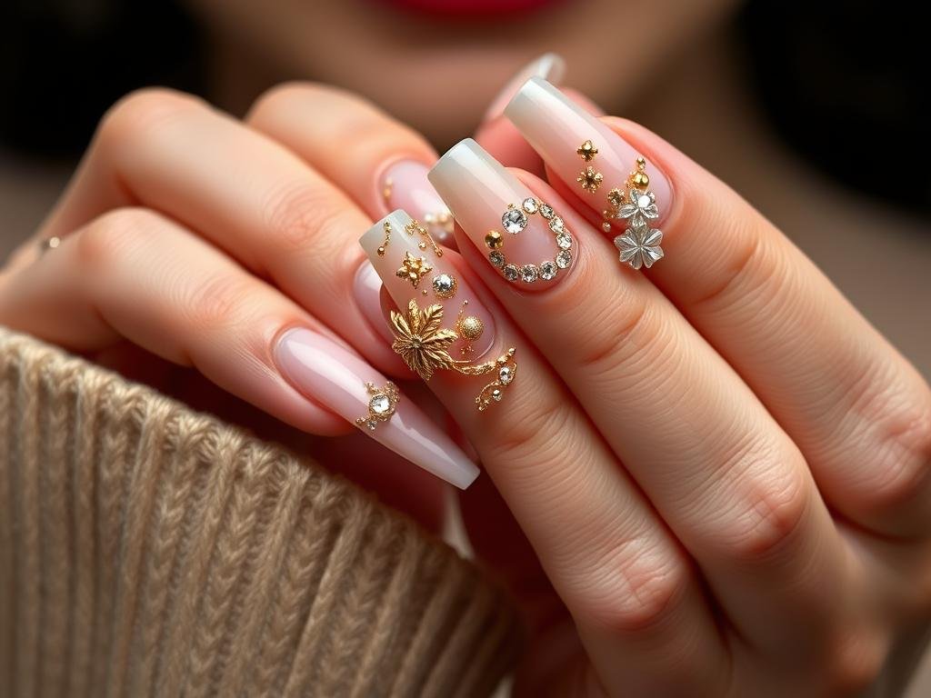Acrylic nails with 3D gold embellishments and crystals