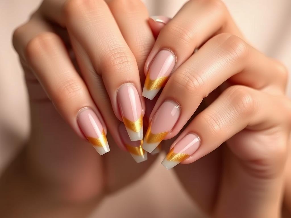 Acrylic nails with gold gradient tips on nude base