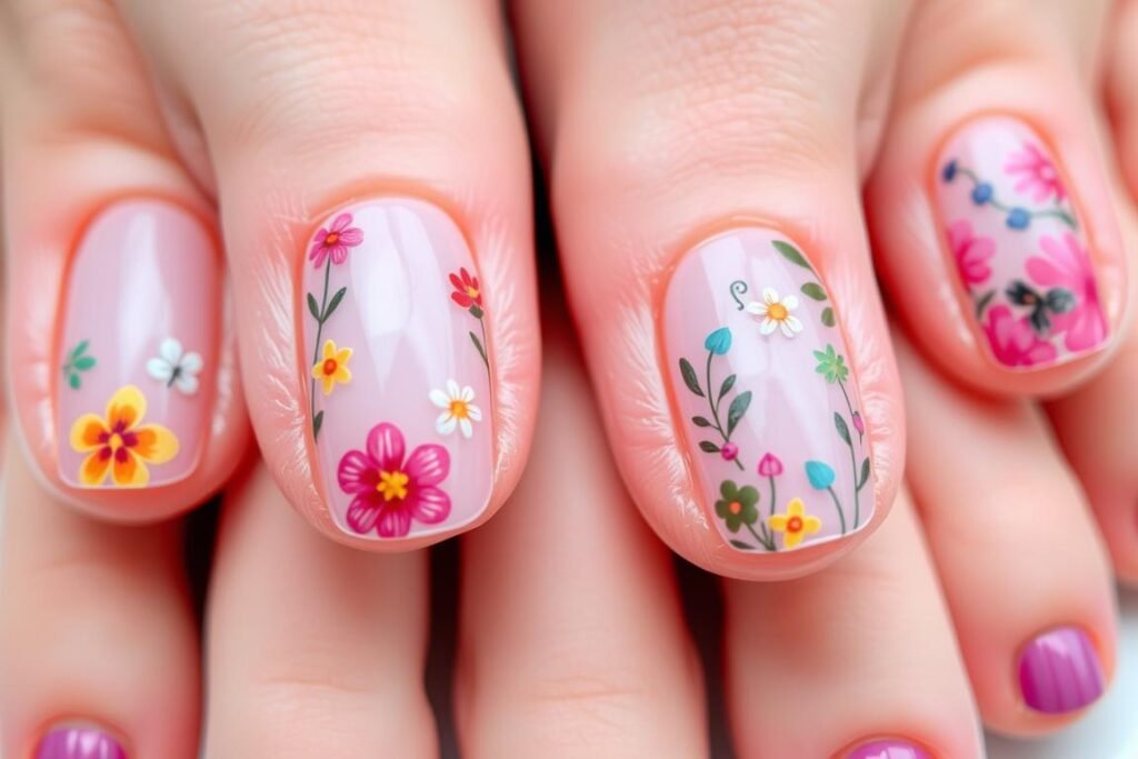 Acrylic toe nails with detailed nail art including flowers and geometric patterns