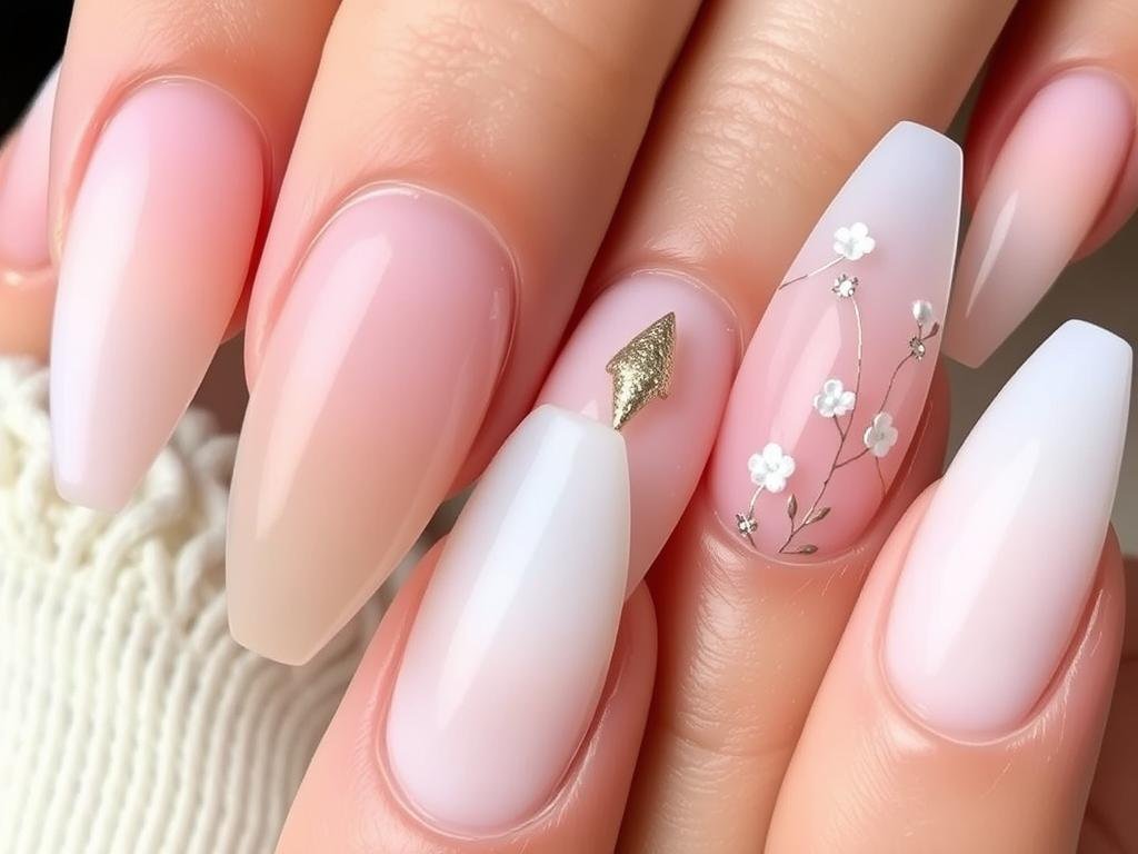 Almond and oval shaped acrylic nails with elegant designs