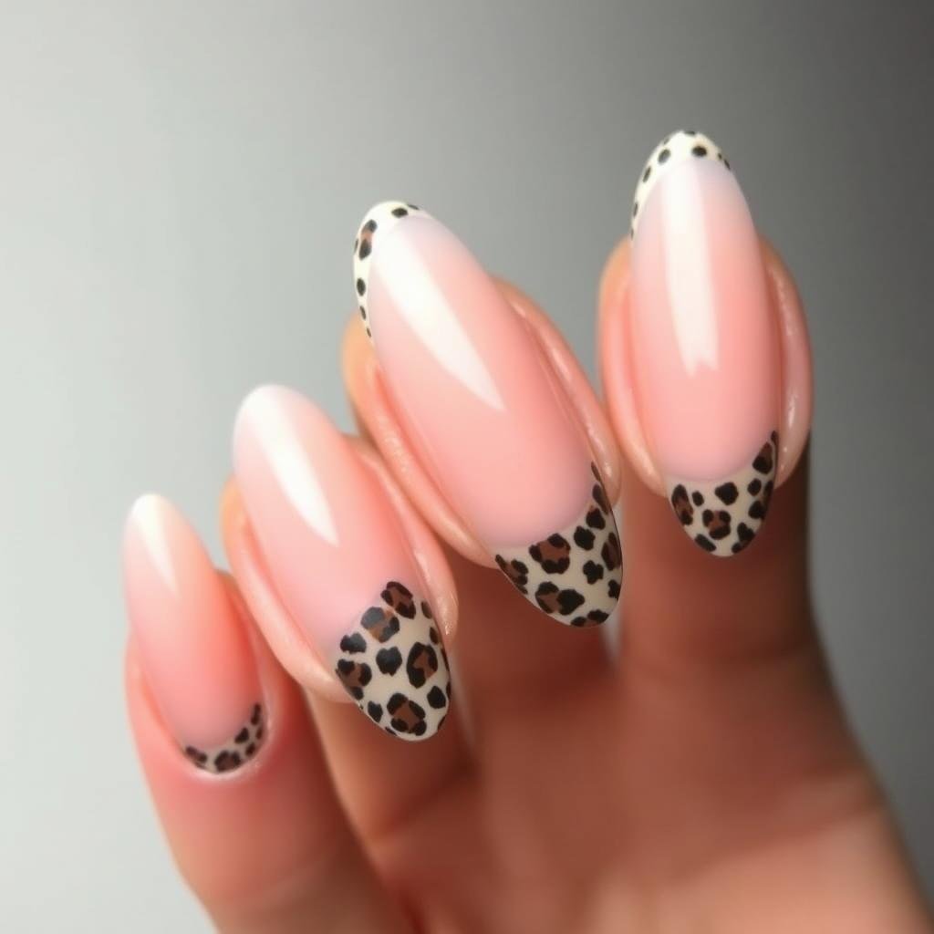 Almond-shaped nails with thin leopard print French tips