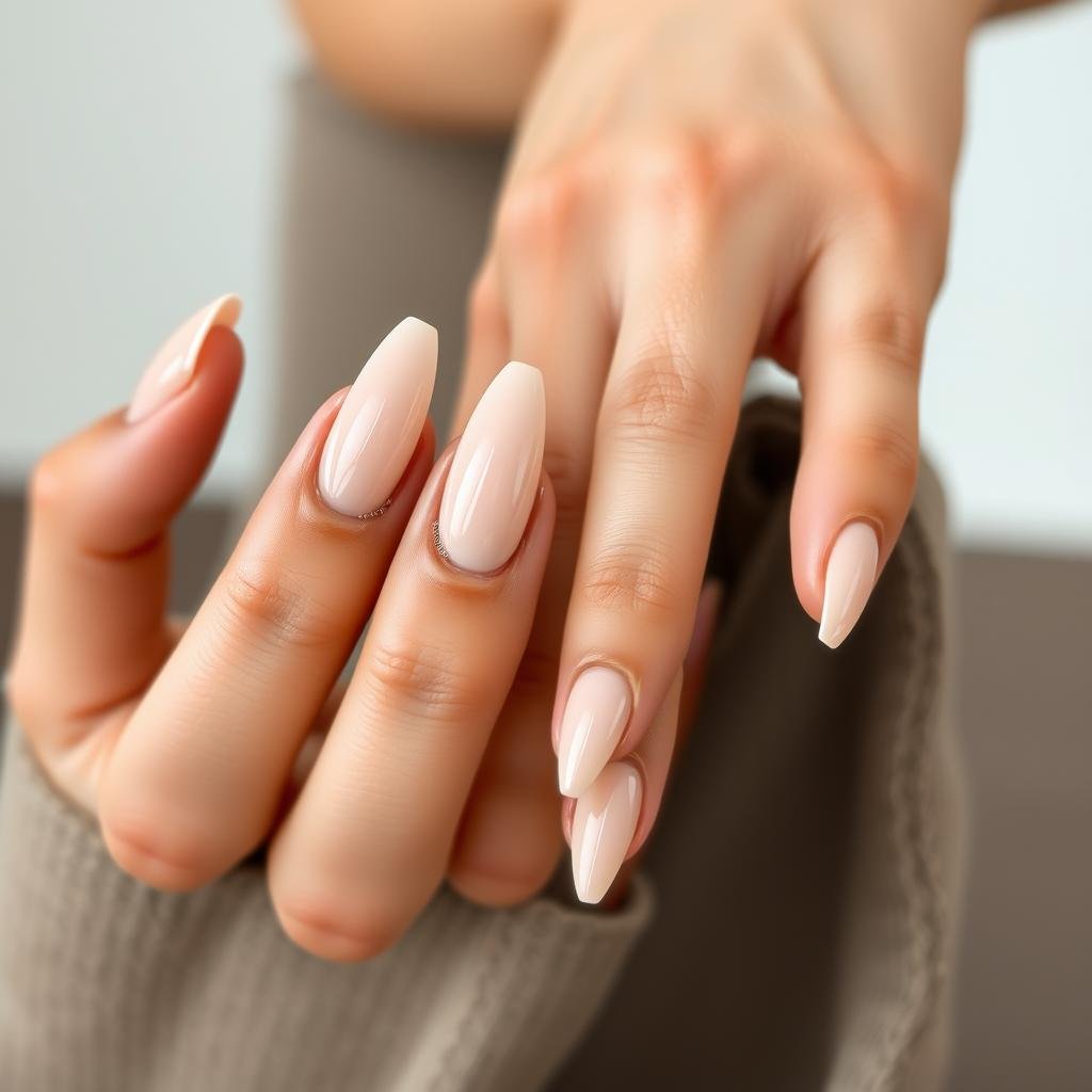 Almond-shaped nude acrylic nails