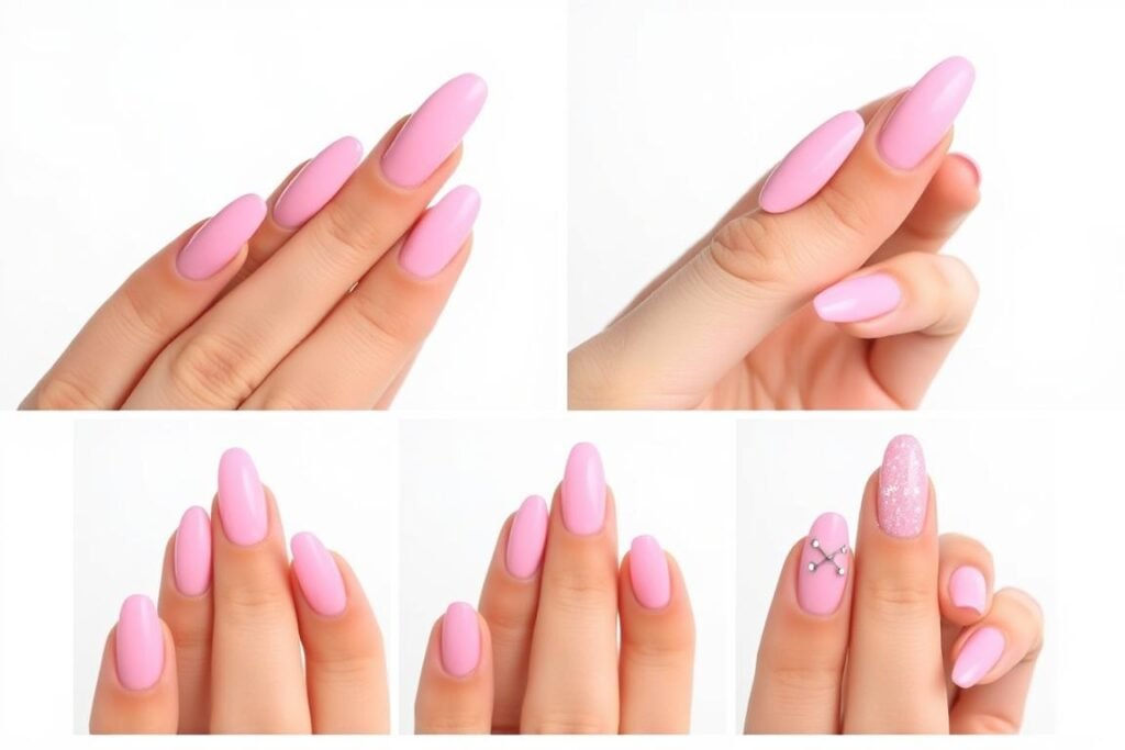 Almond shaped pink acrylic nails with various designs