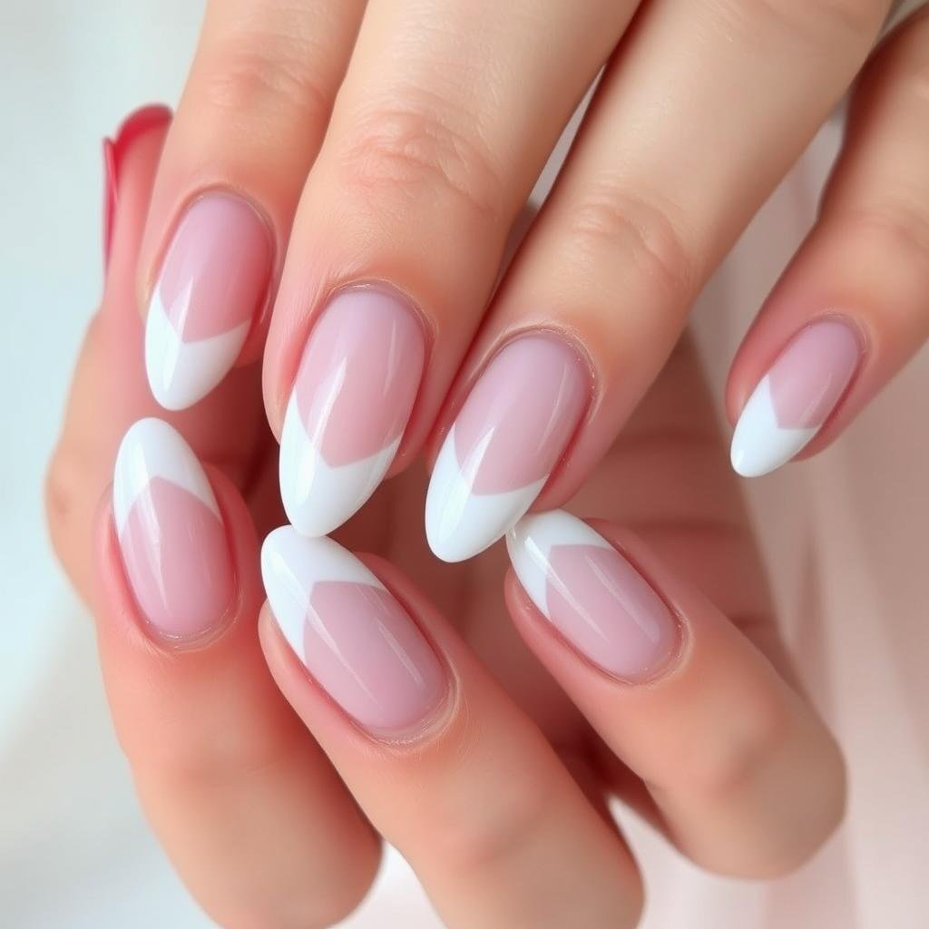 Almond shaped prom acrylic nails with French tips and subtle glitter