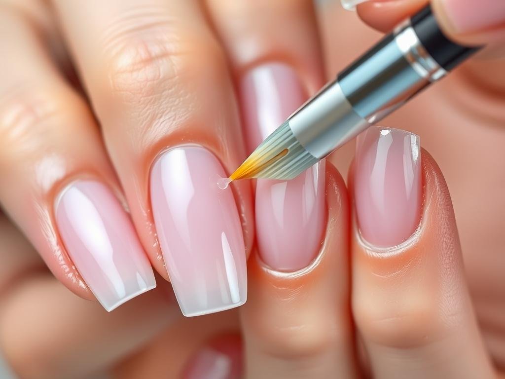 Applying top coat to finished clear acrylic nails Applying top coat to finished clear acrylic nails