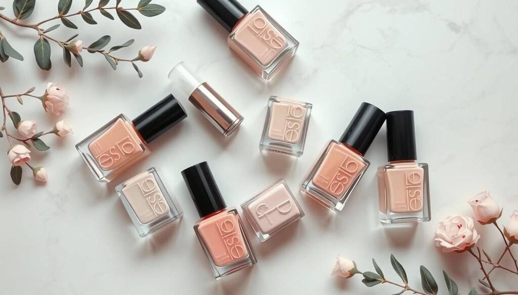 Array of natural nail polish colors from nude to pink for natural looking acrylic nails