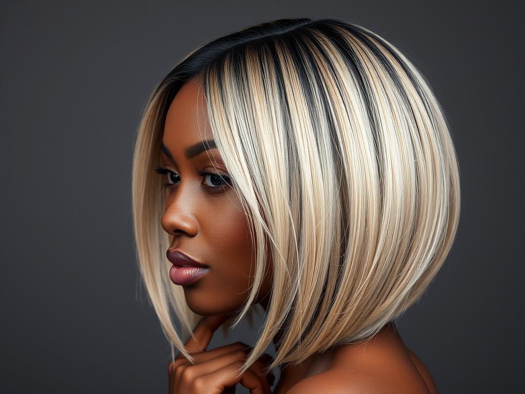 Ash blonde bob wig on Black model showing HD lace and natural part