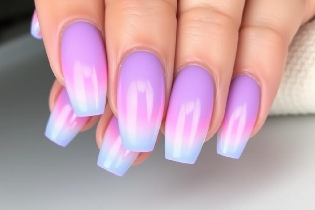 Aura acrylic nails with soft color gradients in purple and pink tones