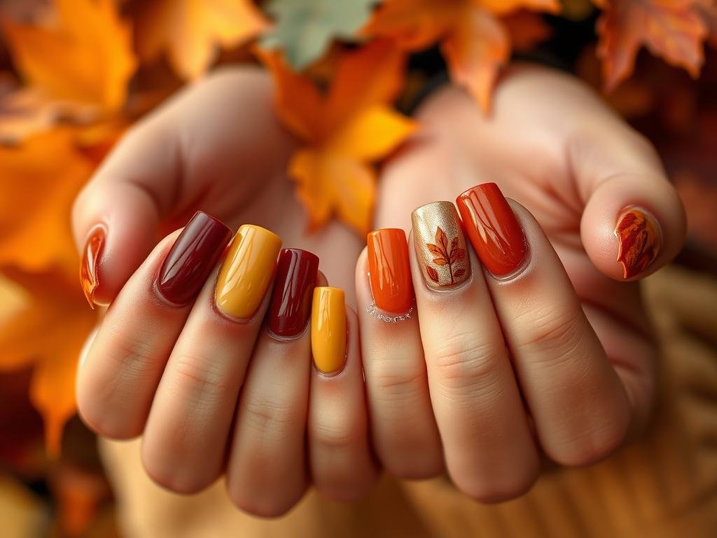 Autumn leaves back to school acrylic nails