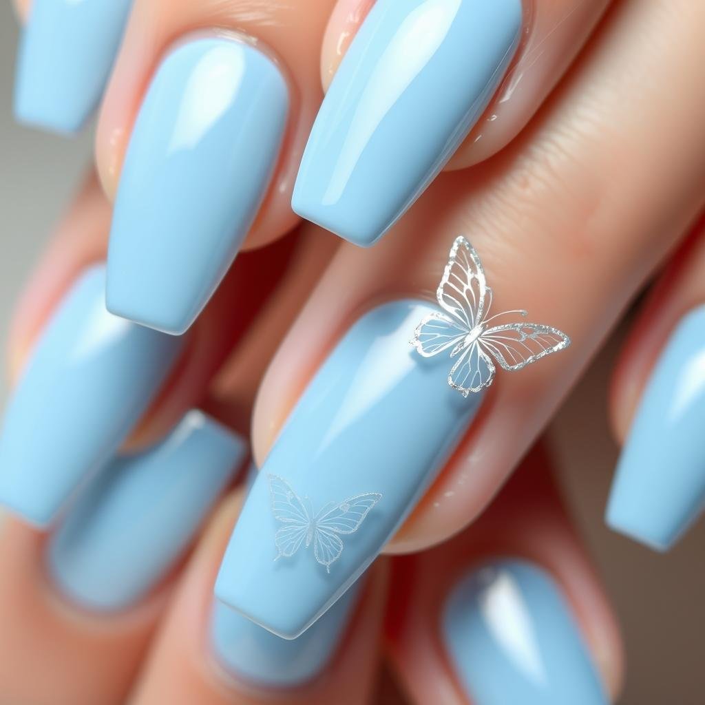 Baby blue acrylic nails with butterfly nail art