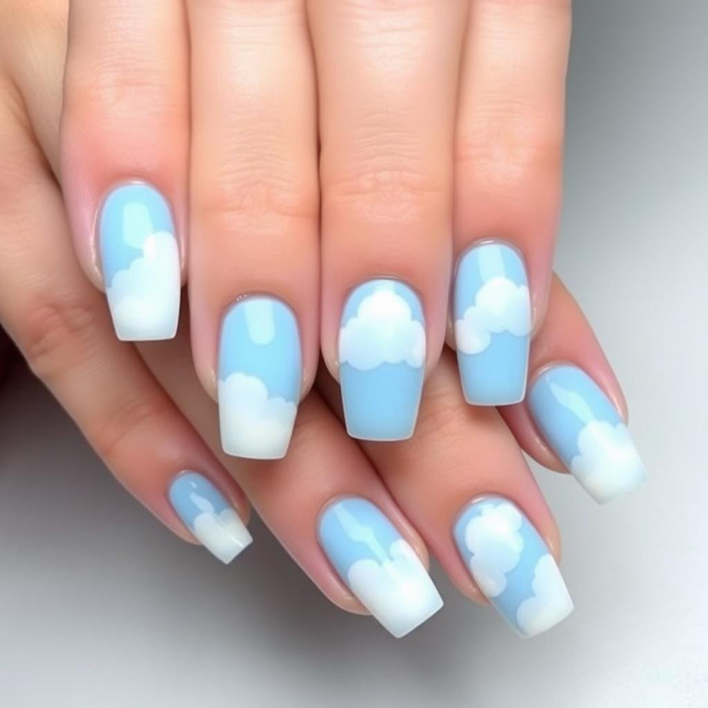 Baby blue acrylic nails with cloud design
