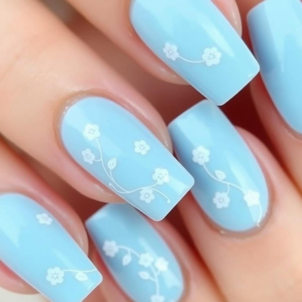 Baby blue acrylic nails with delicate white flower design