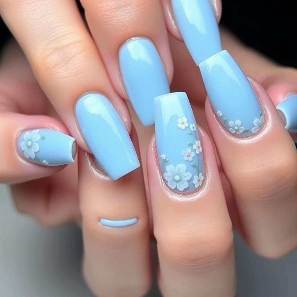 Baby blue acrylic nails with floral accents