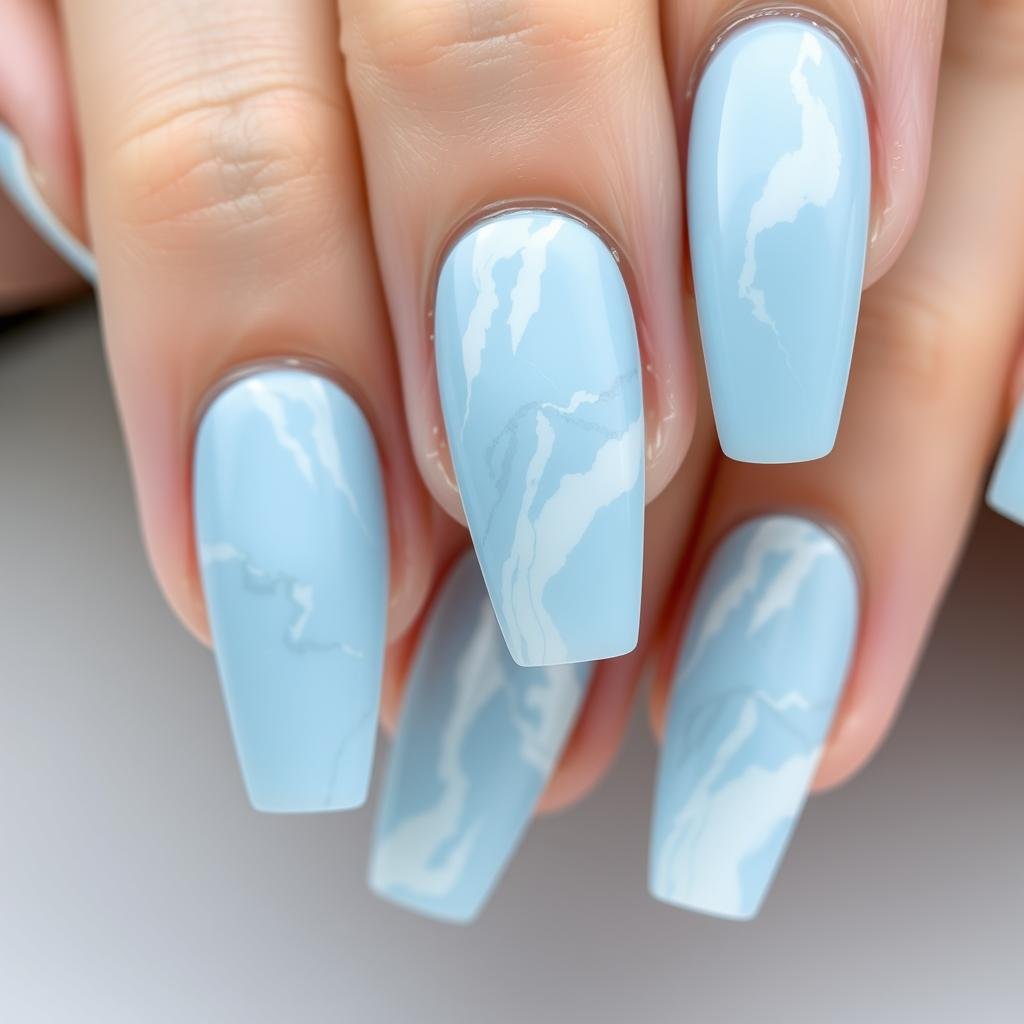 Baby blue acrylic nails with marble effect