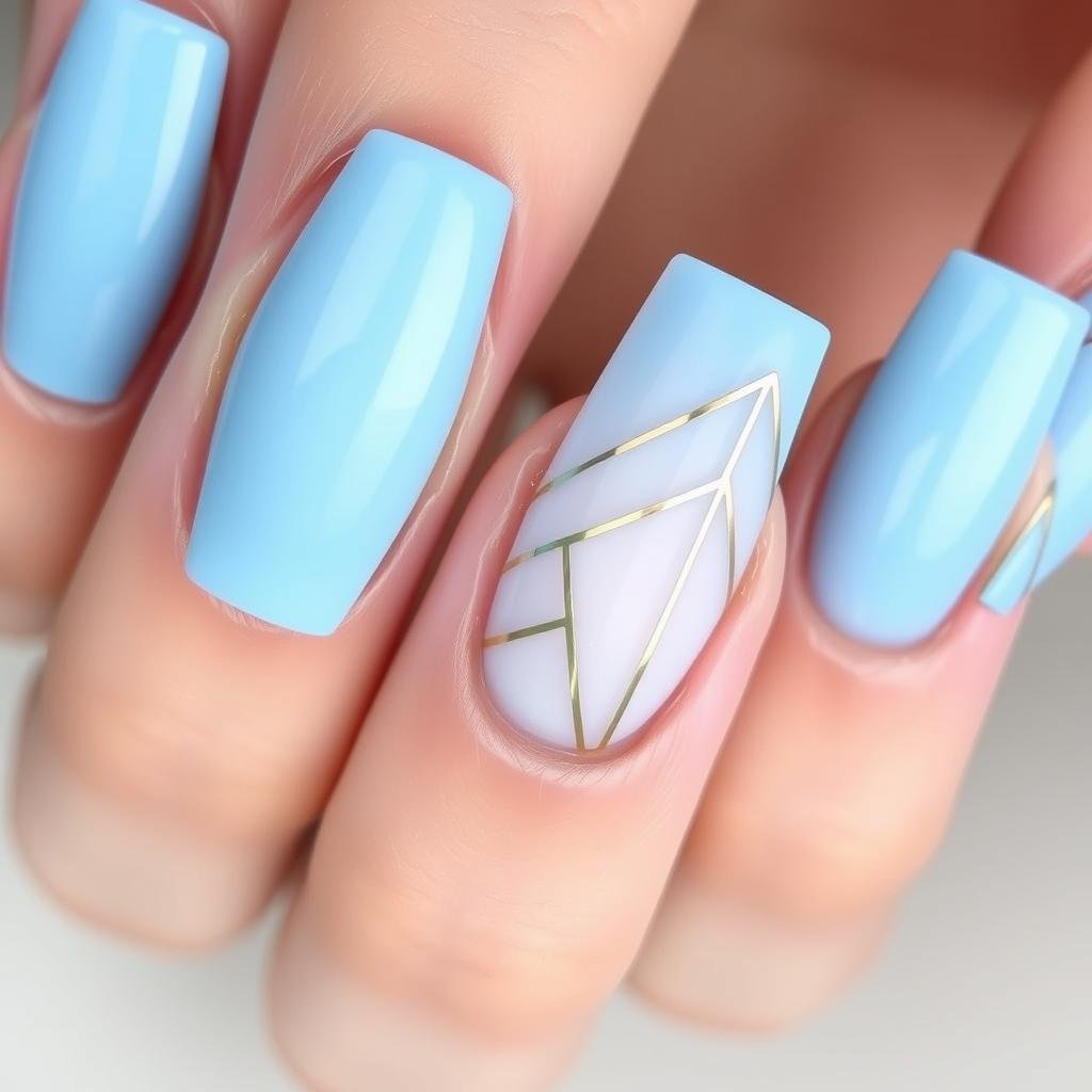 Baby blue acrylic nails with negative space design