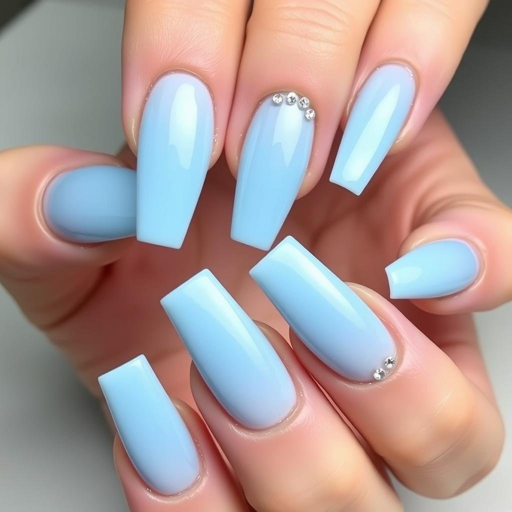 Baby blue acrylic nails with rhinestone accents