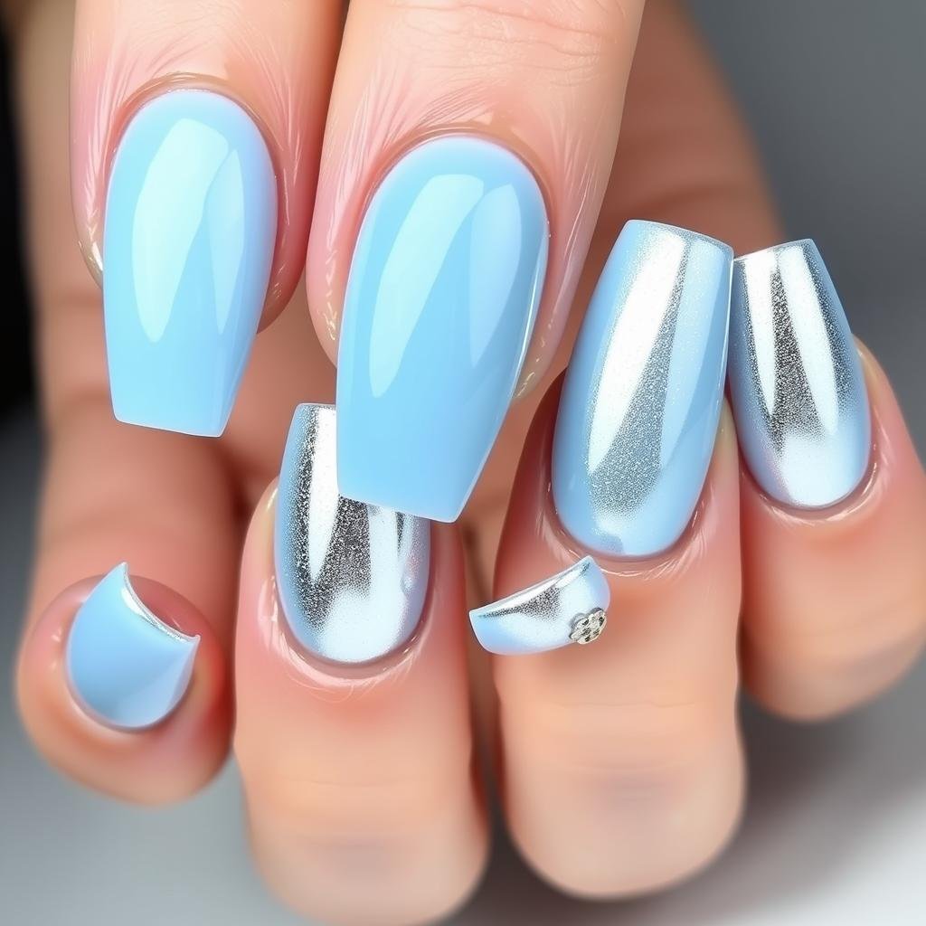 Baby blue acrylic nails with silver chrome effect