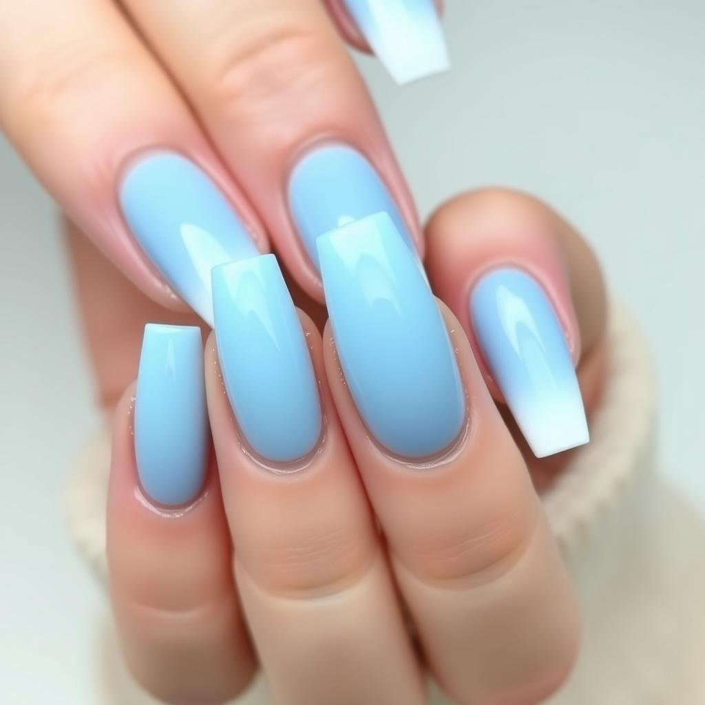 Baby blue ombre acrylic nails transitioning to white